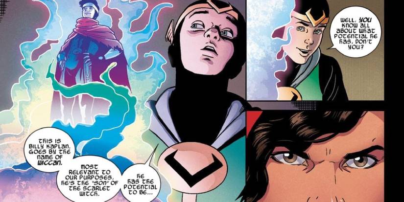 A series of comic panels where America angrily listens to Kid Loki tell her about Wiccan