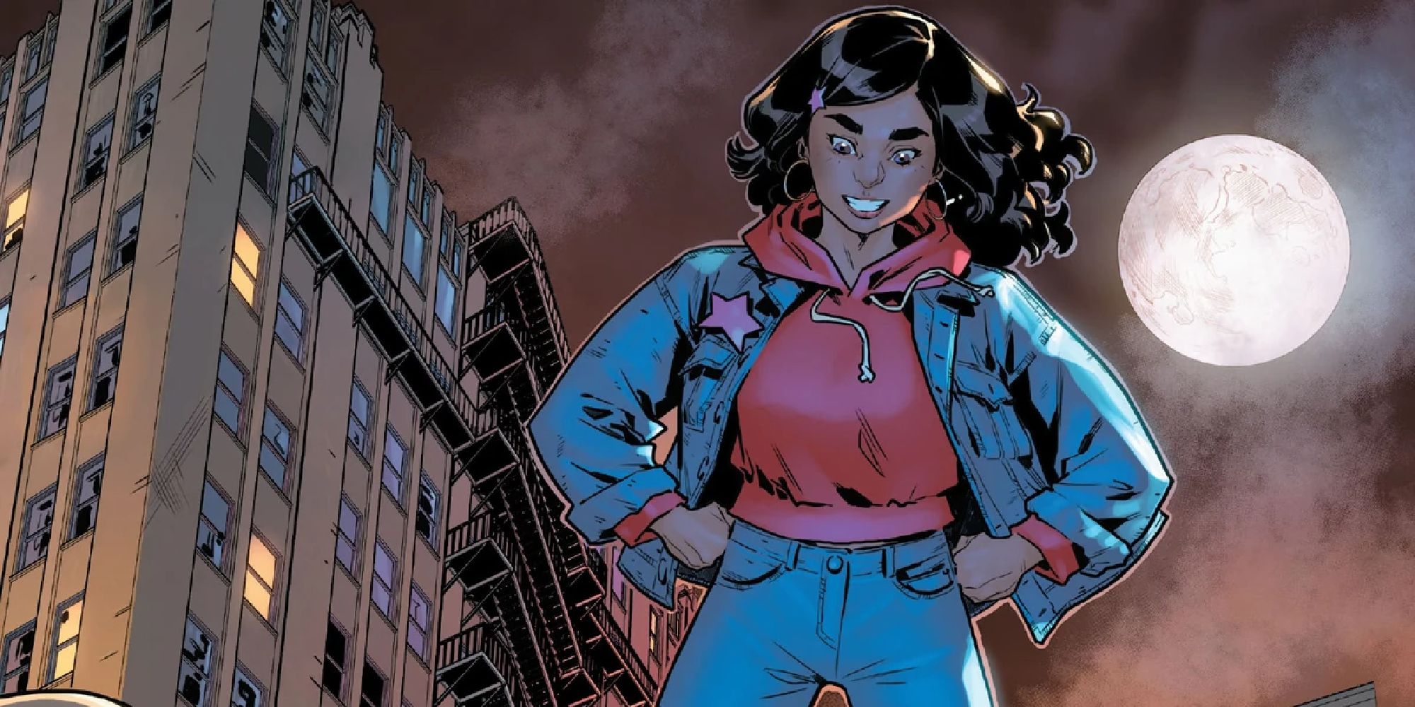 A teenage America hovering above criminals at night in the comics