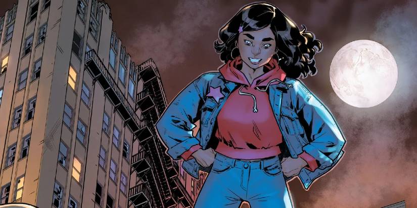 A teenage America hovering above criminals at night in the comics