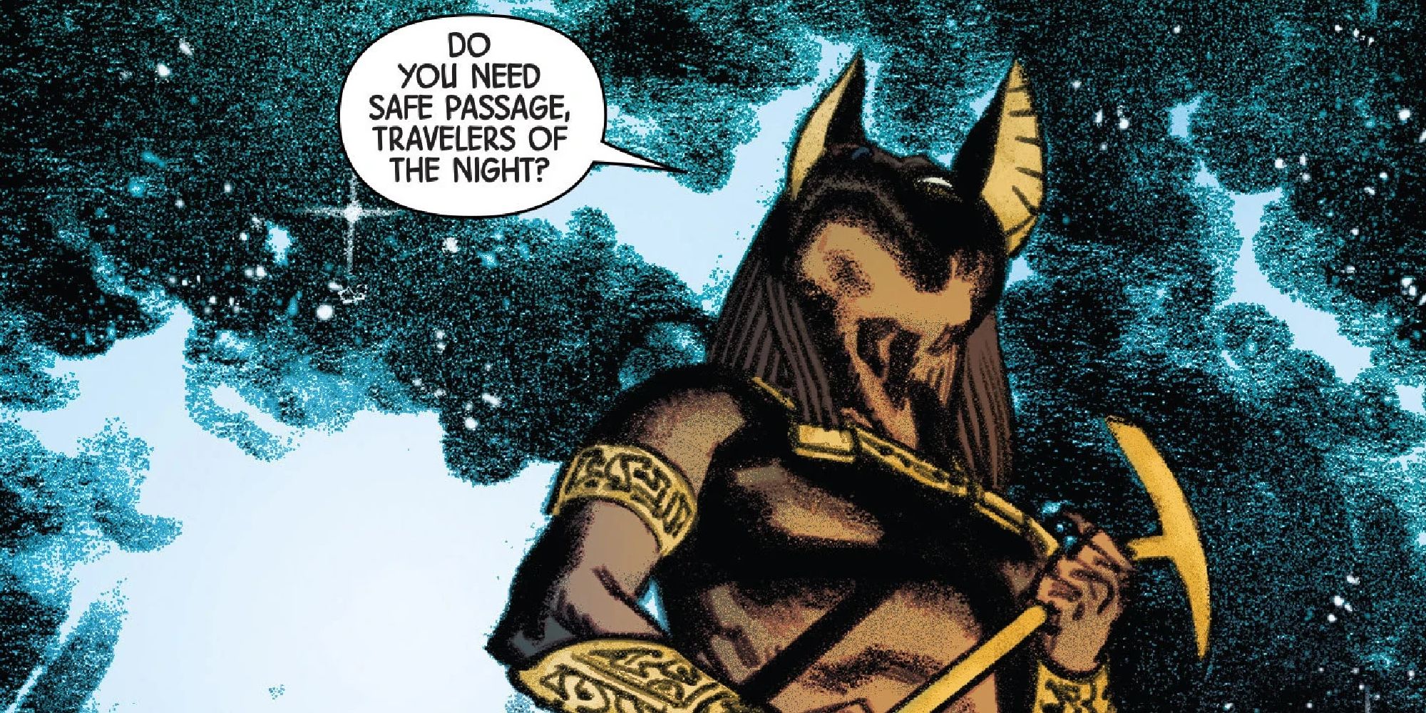 Anubis holding a sceptre in the Duat guiding travelers of the night in Marvel Comics