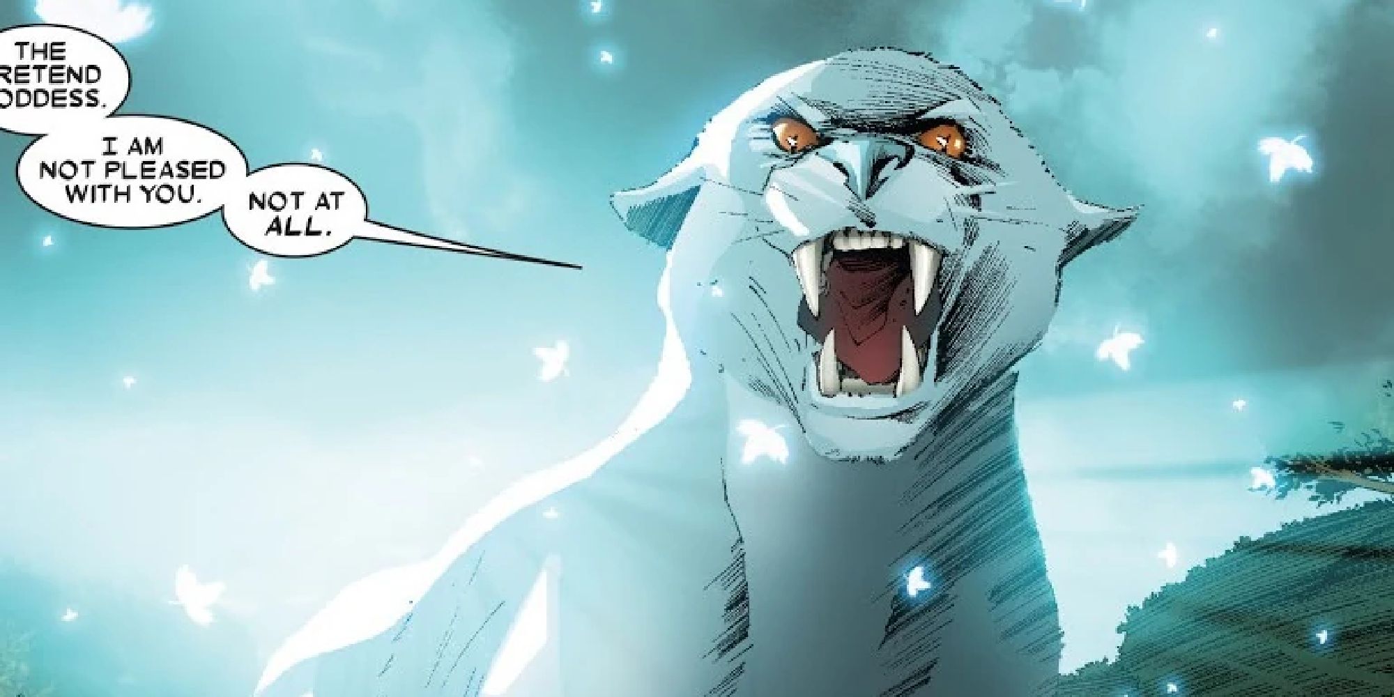 A vision of Bast as a white panther from Marvel Comics