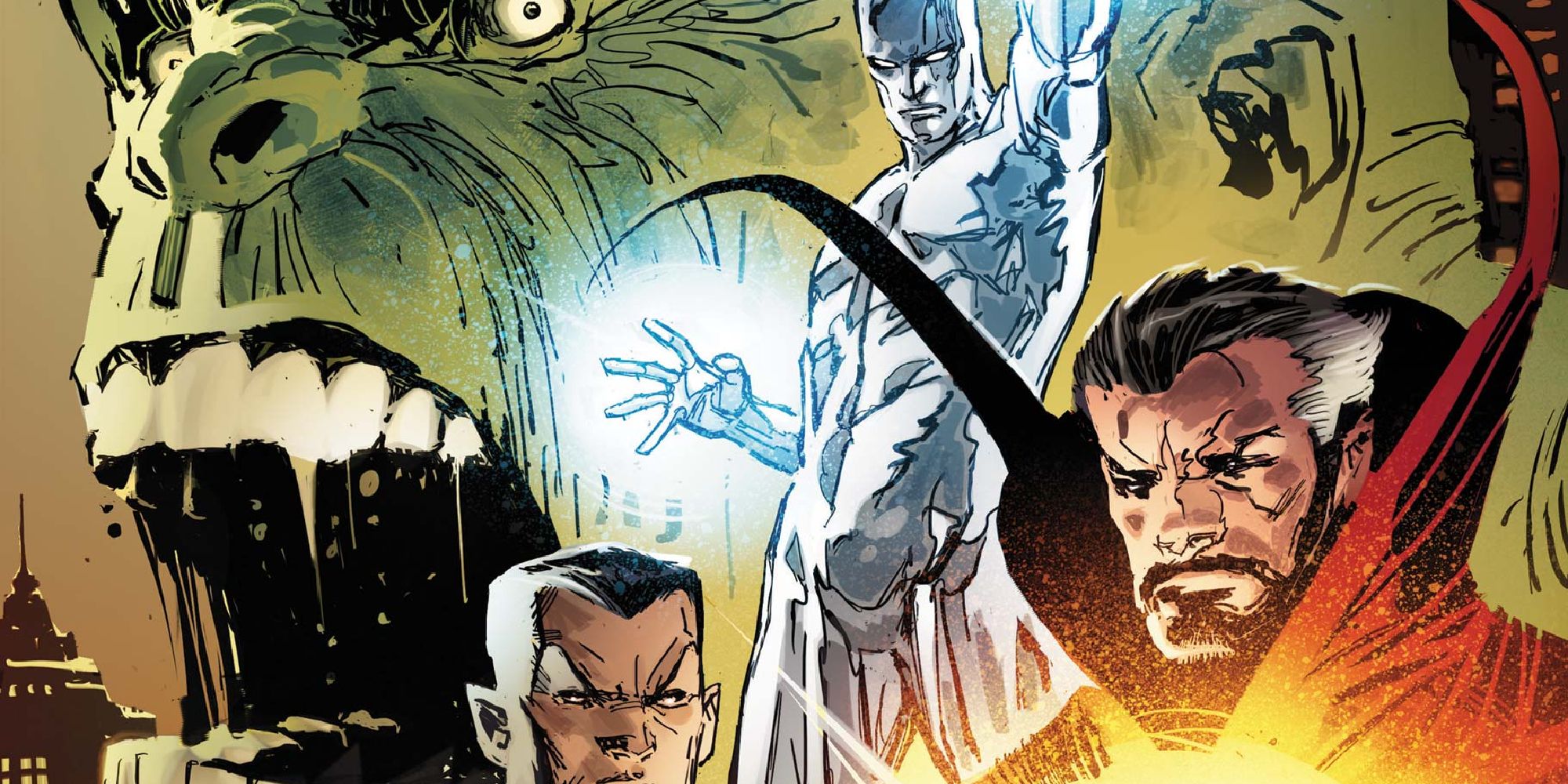Strange, Namor, Silver Surfer, and Hulk in a cover for Best Defense: Defenders
