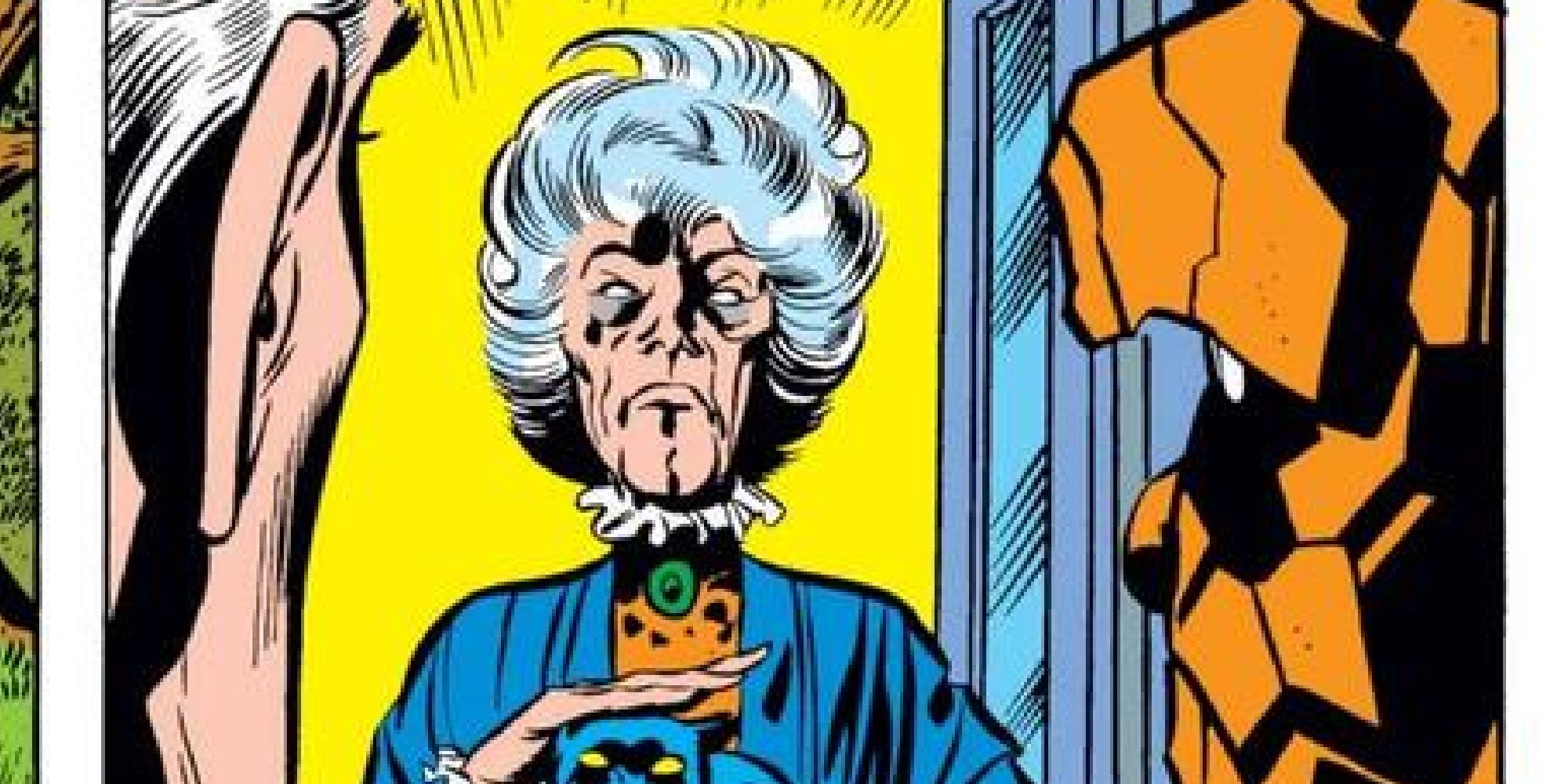 Agatha petting a cat as she first meets Reed Richards and the Thing in the comics