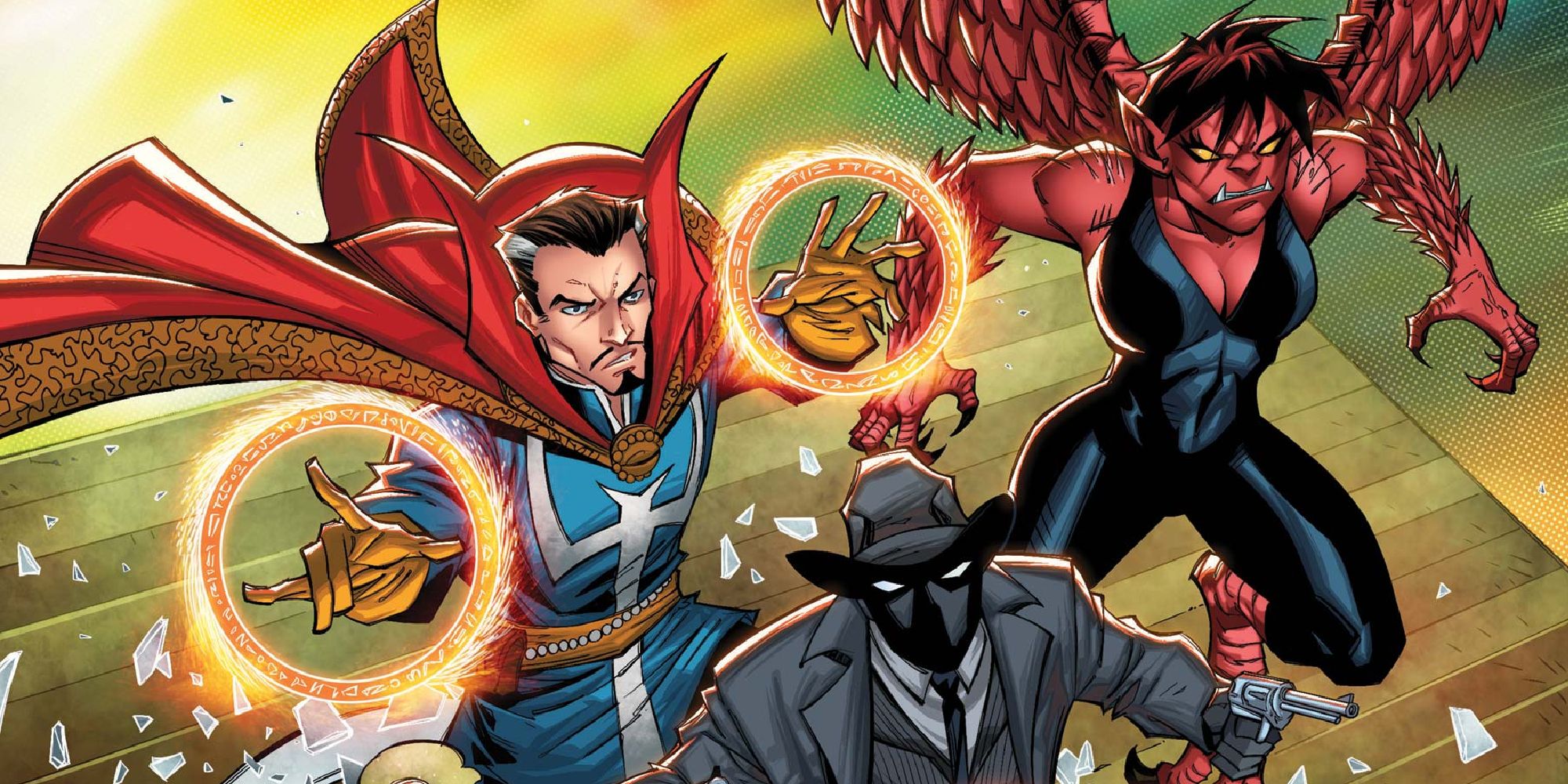 Strange, Masked Raider, and Red Harpy in a Defenders comic cover