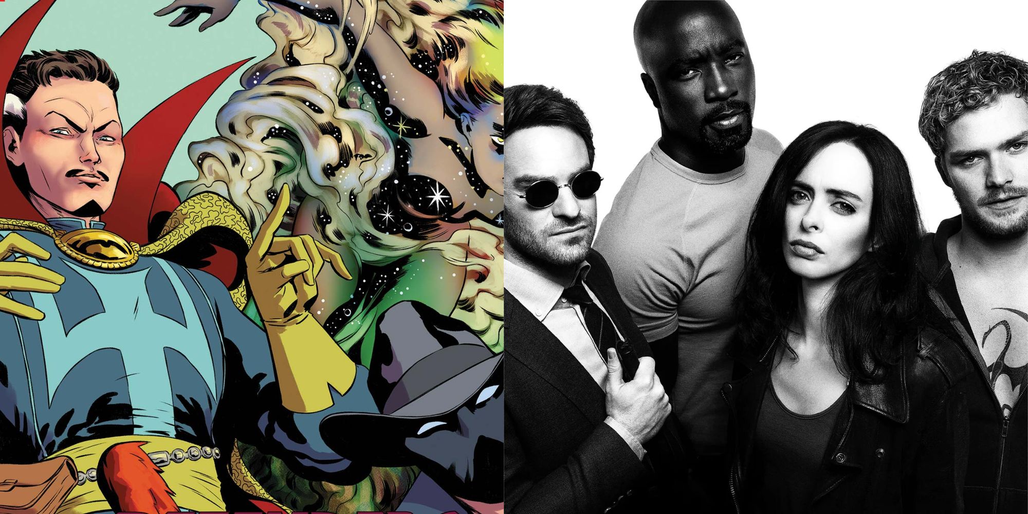 Doctor Strange, Masked Raider, and Cloud in a comic cover for the 2021 Defenders run; the cast of Netflix's Defenders including Daredevil, Luke Cage, Jessica Jones, and Iron Fist