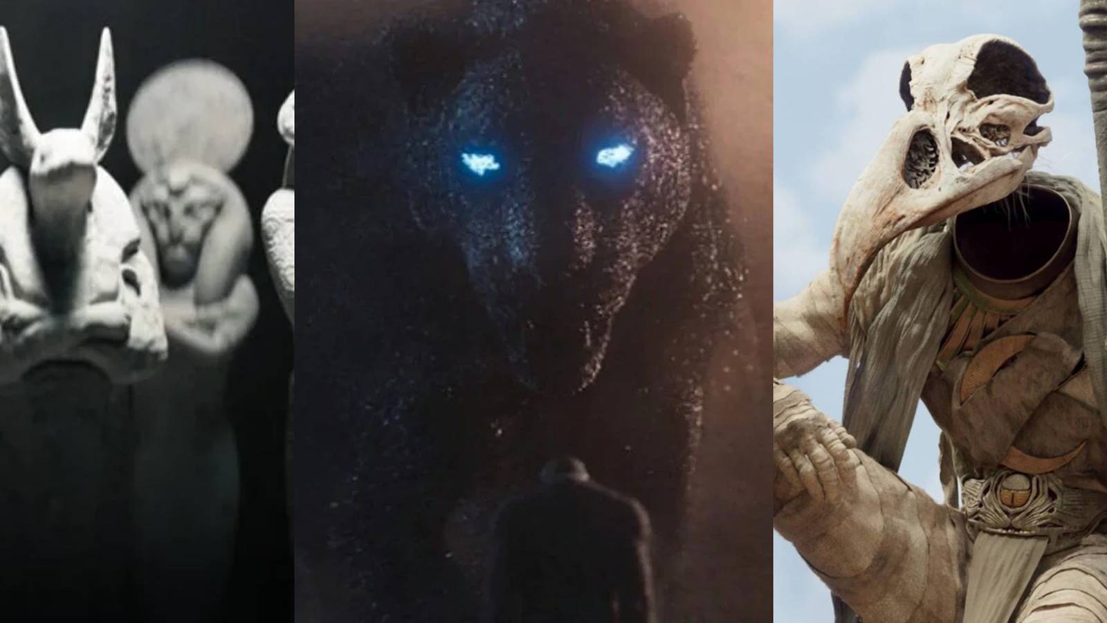 Ushabti of the Ennead gods from Moon Knights; Bast appearing as a cloud in Black Panther; Khonshu talking to Marc Spector in Moon Knight