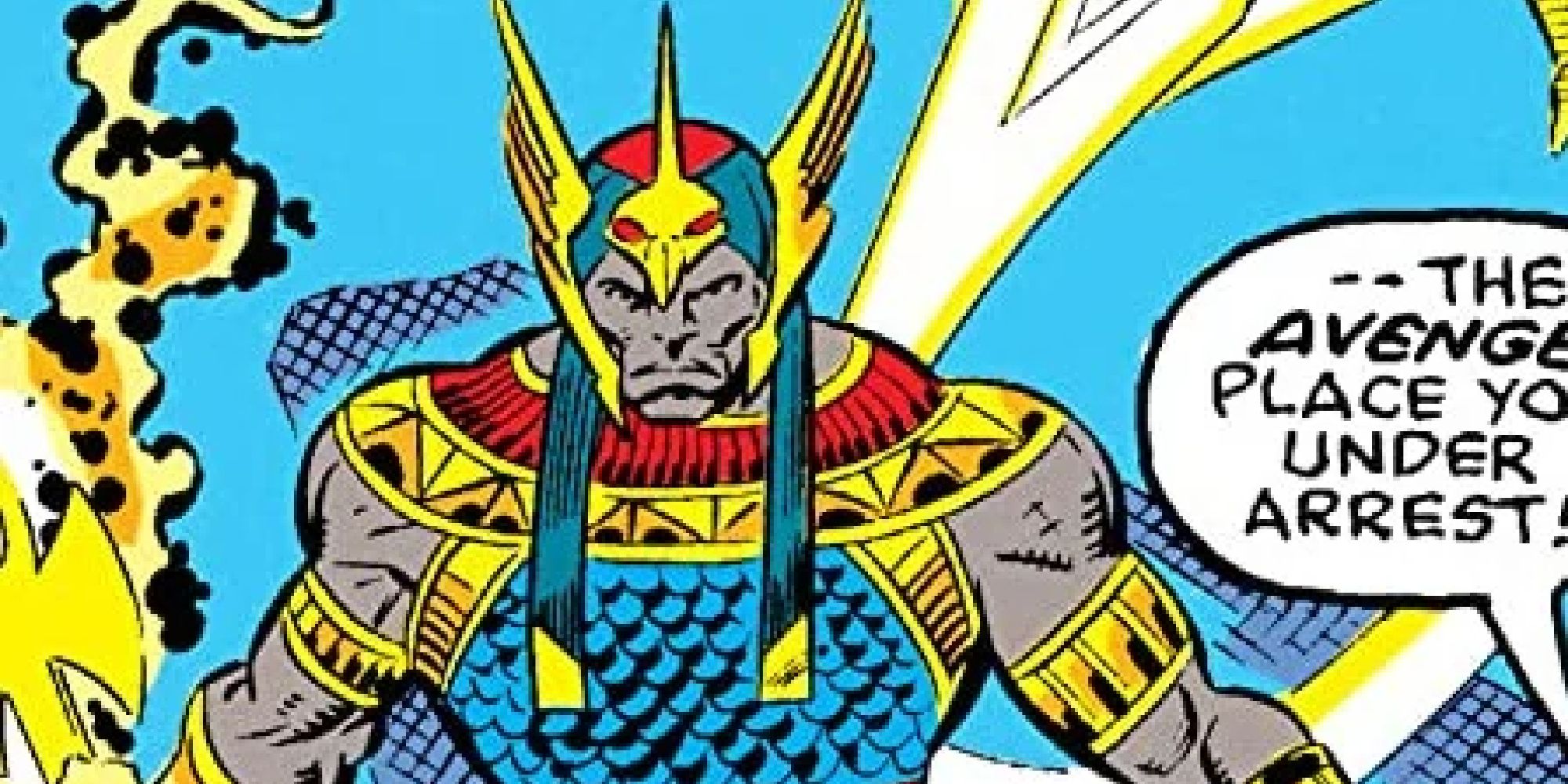 Horus wearing a colorful bird-shaped helmet and battling the Avengers in Marvel Comics