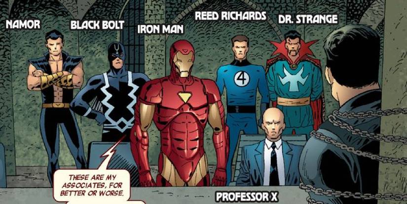 Iron Man leading an Illuminati including Namor, Black Bolt, Professor X, Reed Richards, and Doctor Strange