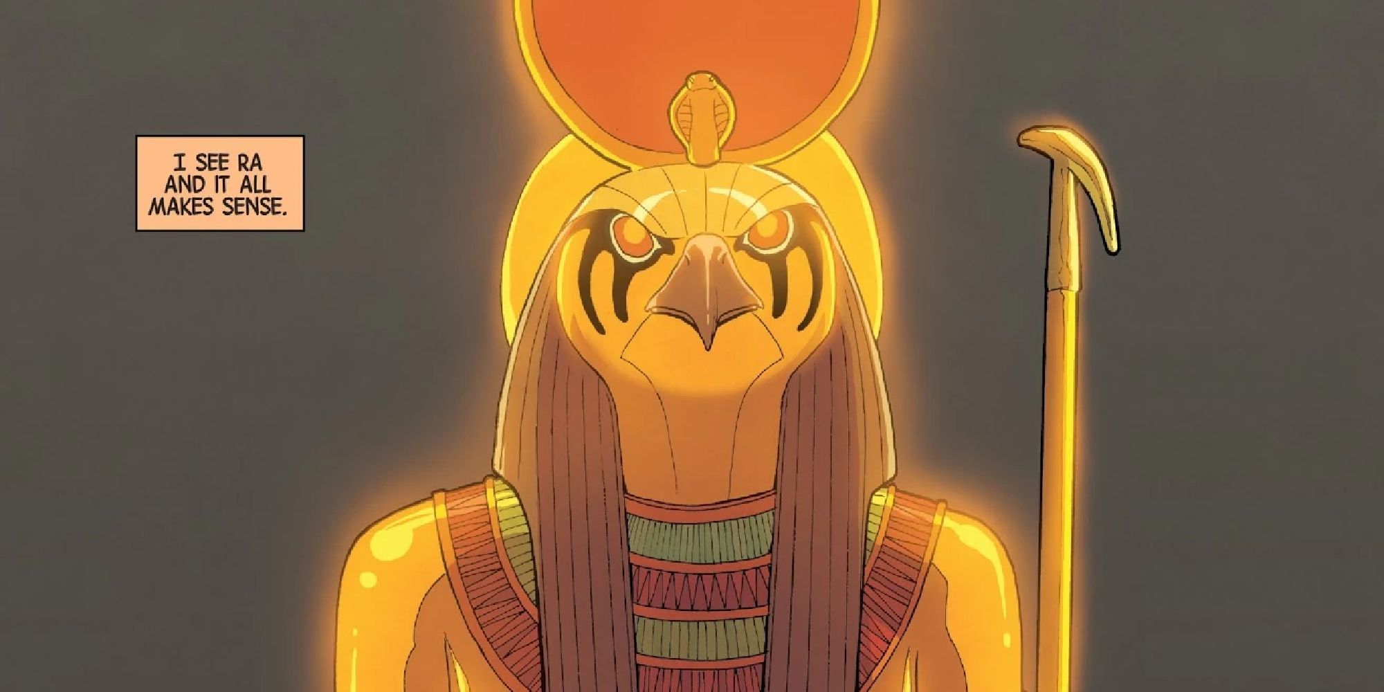 A close-up of a glowing statue of the Amon Ra in Marvel Comics