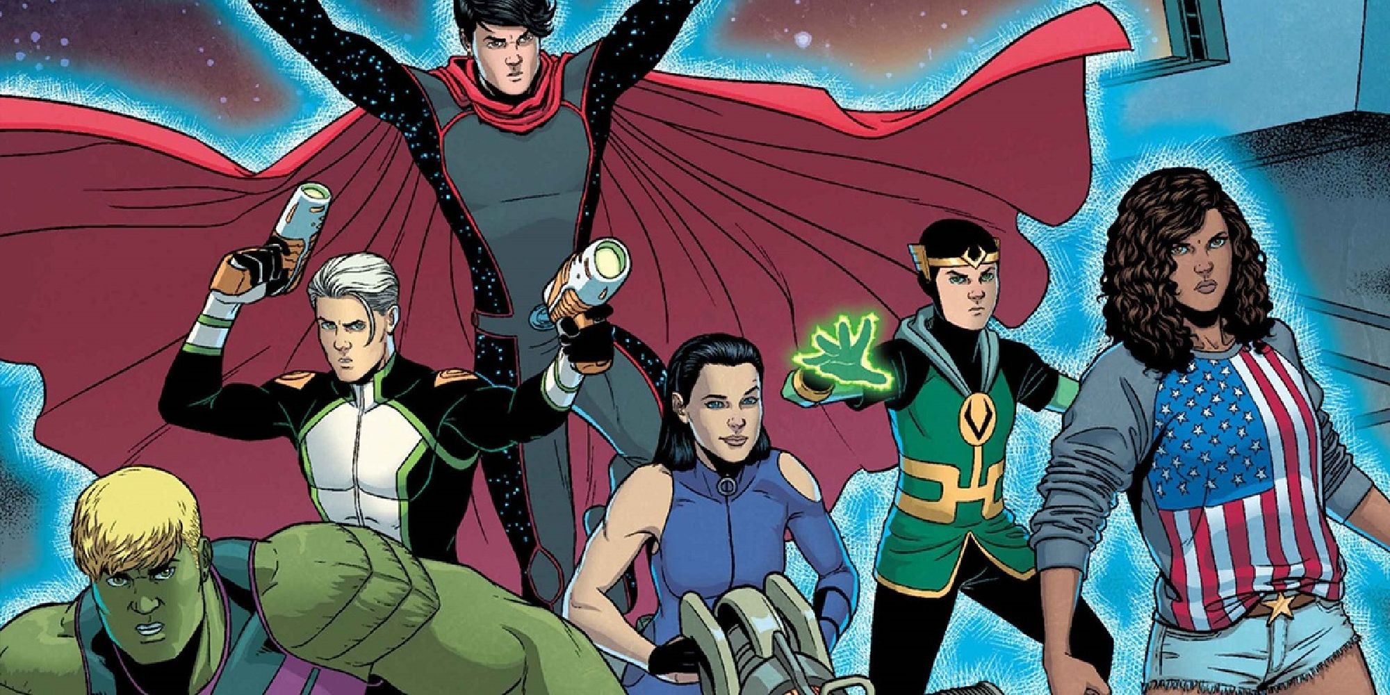 America as part of the young Avengers with Hulkling, Kate Bishop, Loki, Speed, and Wiccan