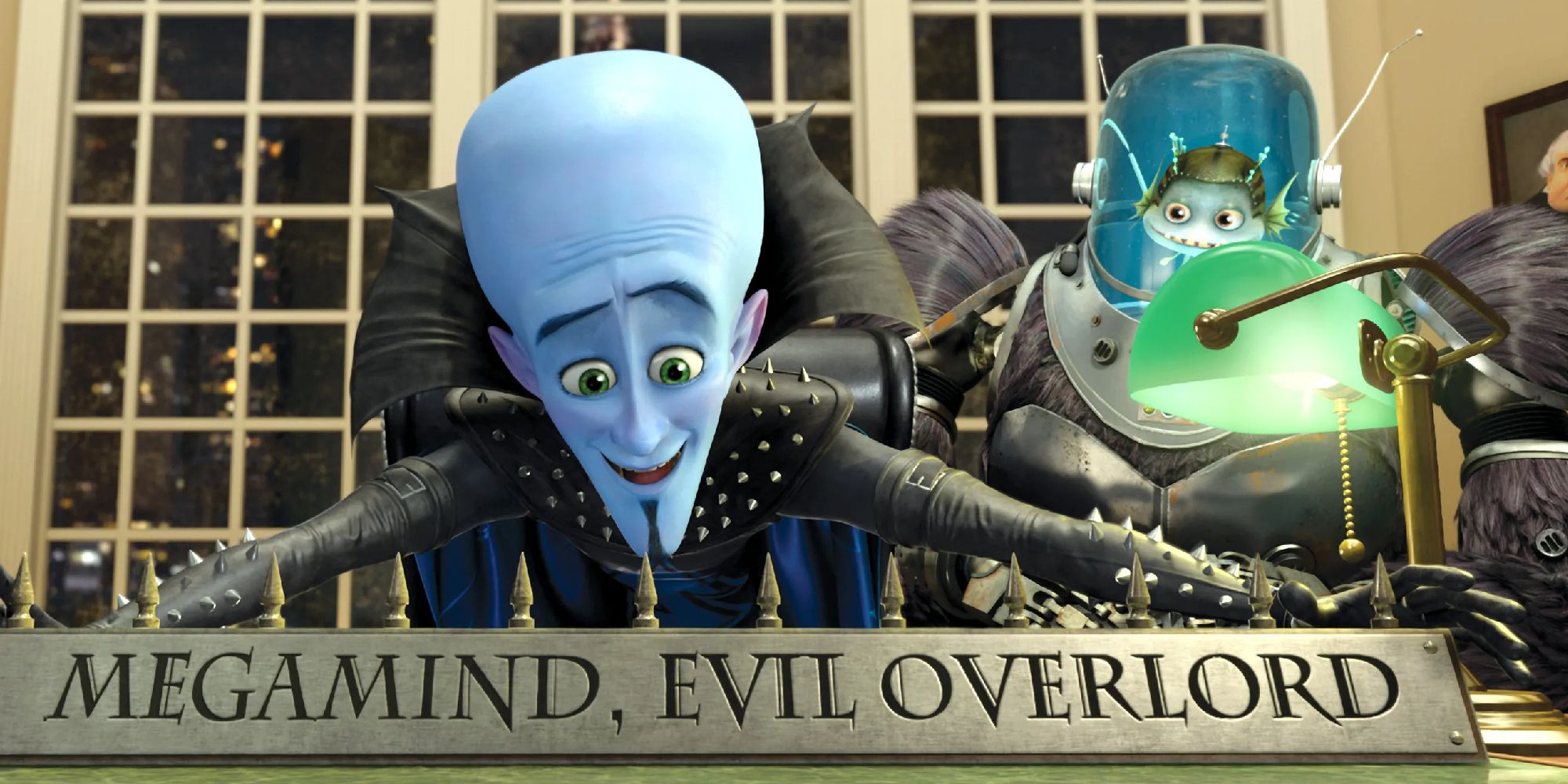 Megamind and Minion adding a desk nameplate that reads 