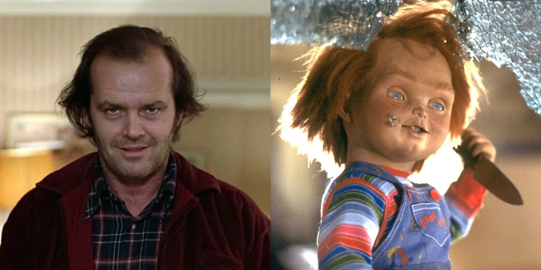 Split image of Jack Torrance (Jack Nicholson) in The Shining and Chucky in Child's Play (1988)