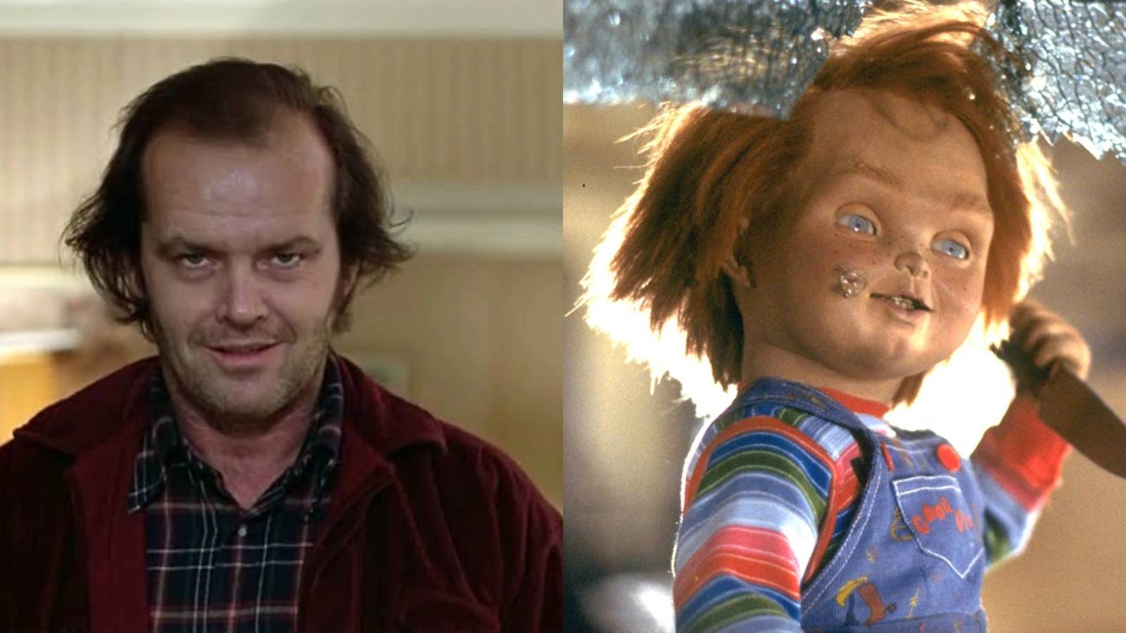 Split image of Jack Torrance (Jack Nicholson) in The Shining and Chucky in Child's Play (1988)