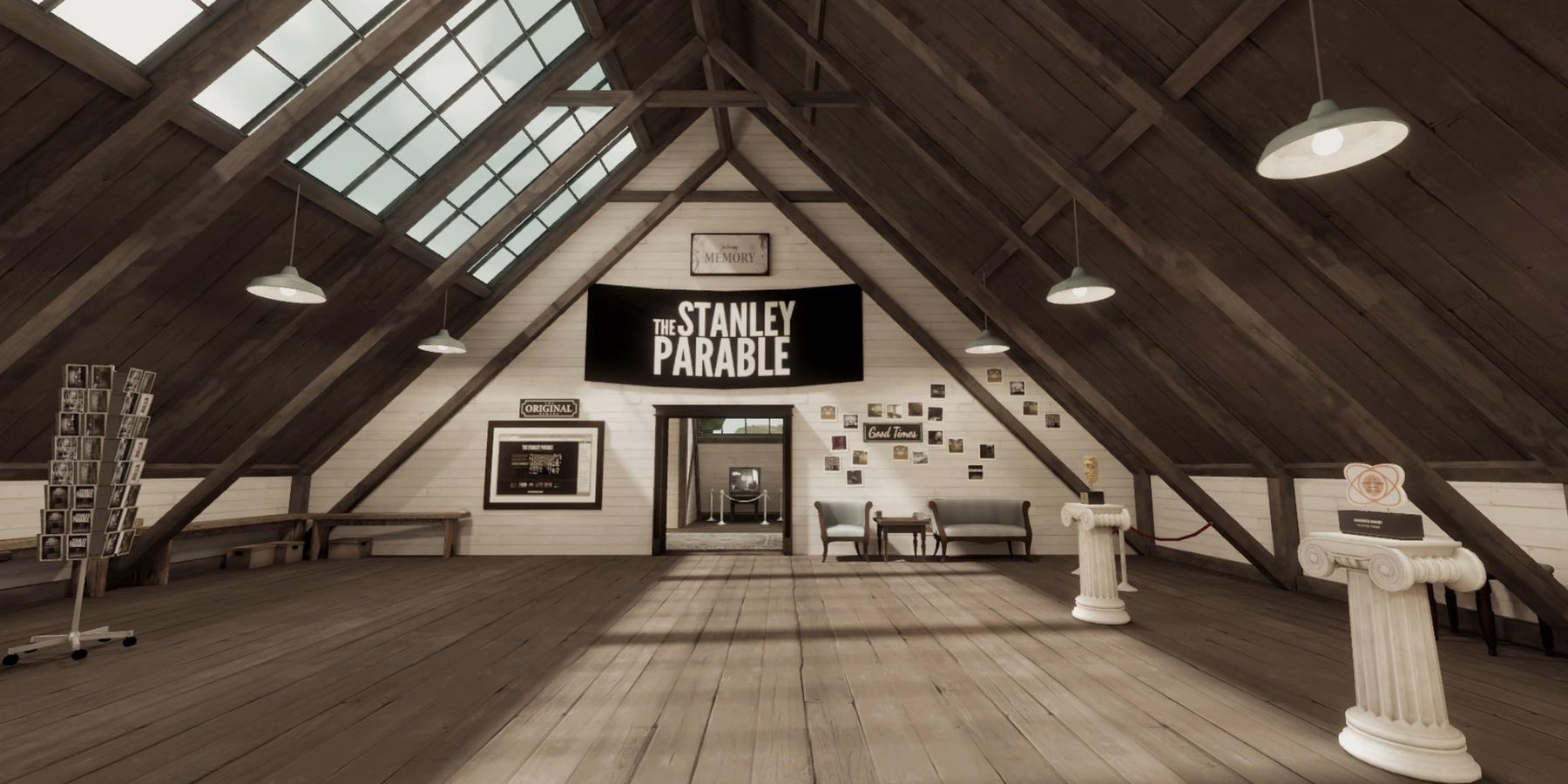 a museum-like building inside a slant-roofed, wooden house. plinths on the right hold artifacts of the game's past, and ahead there are photos taped to the wall near a doorway leading into the next room. over the doorway is a banner that reads "The Stanley Parable." 