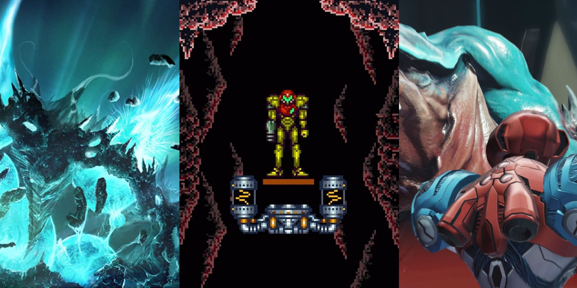 The planet Phaaze from Metroid Prime 3; Samus standing in Norfair in Super Metroid; Samus facing a boss on Artaria in Metroid Dread