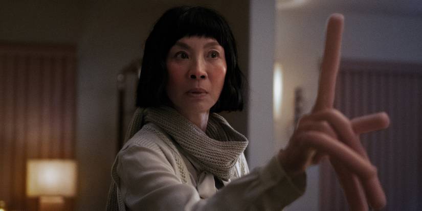 Michelle Yeoh with a hot dog finger in Everything Everywhere All at Once