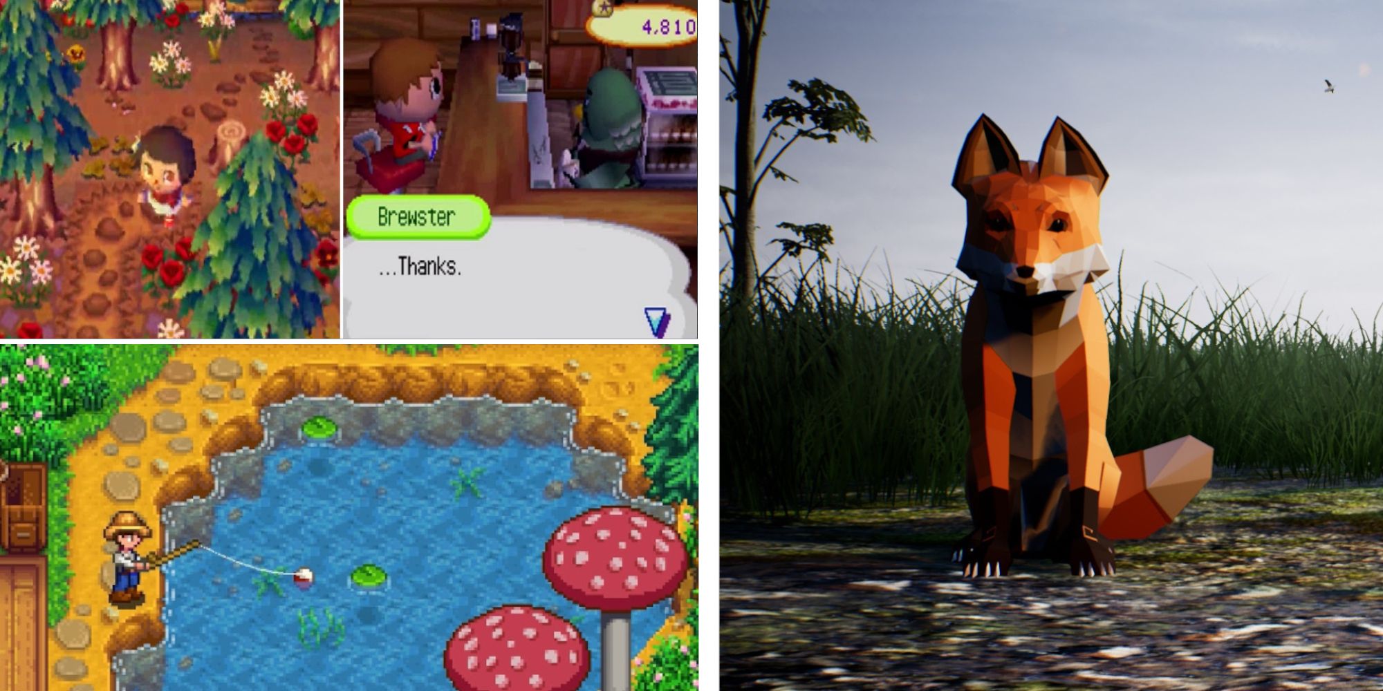     Top-Left: A girl from Animal Crossing: Wild World walking through the woods and a boy sitting at a bar booth across from the bartender.Bottom-Left: A farmer fishing in a lake in Stardew Valley. Right: A fox sitting in a field looking at the player.