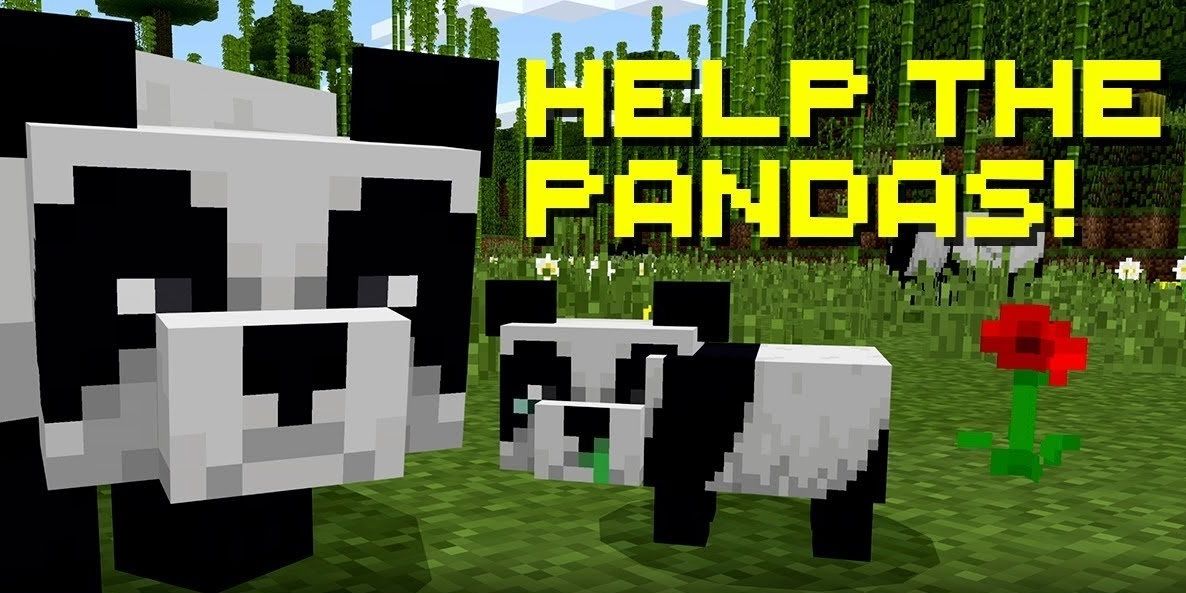 Two Pandas from Minecraft with the pixelated text: "Help the Pandas." Image Credit: Stevivor.com