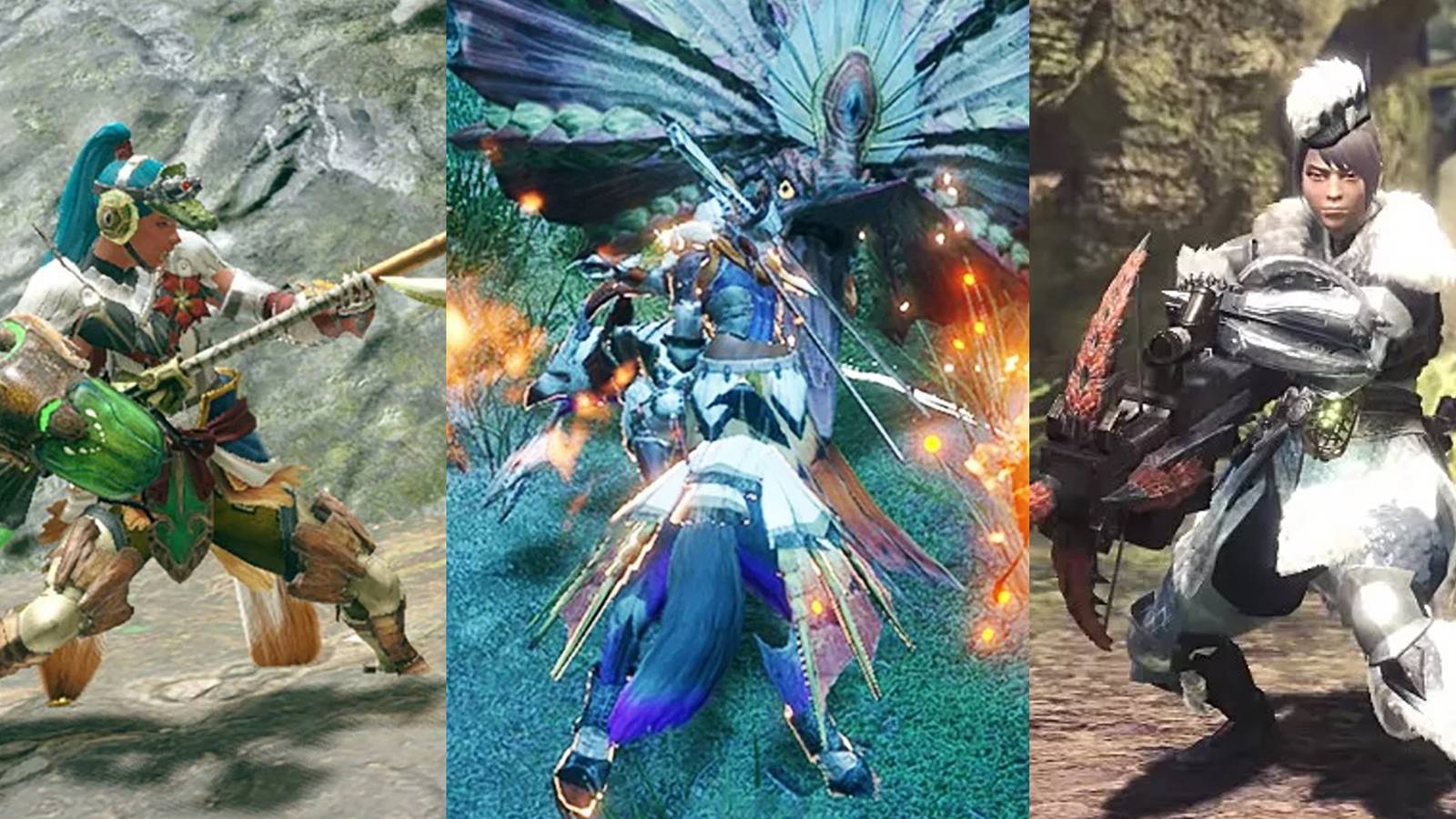 A hunter with the Insect Glaive in MH Rise; a hunter fighting an Aknosom with Dual Blades in MH Rise; a hunter wielding a Heavy Bowgun in MH World