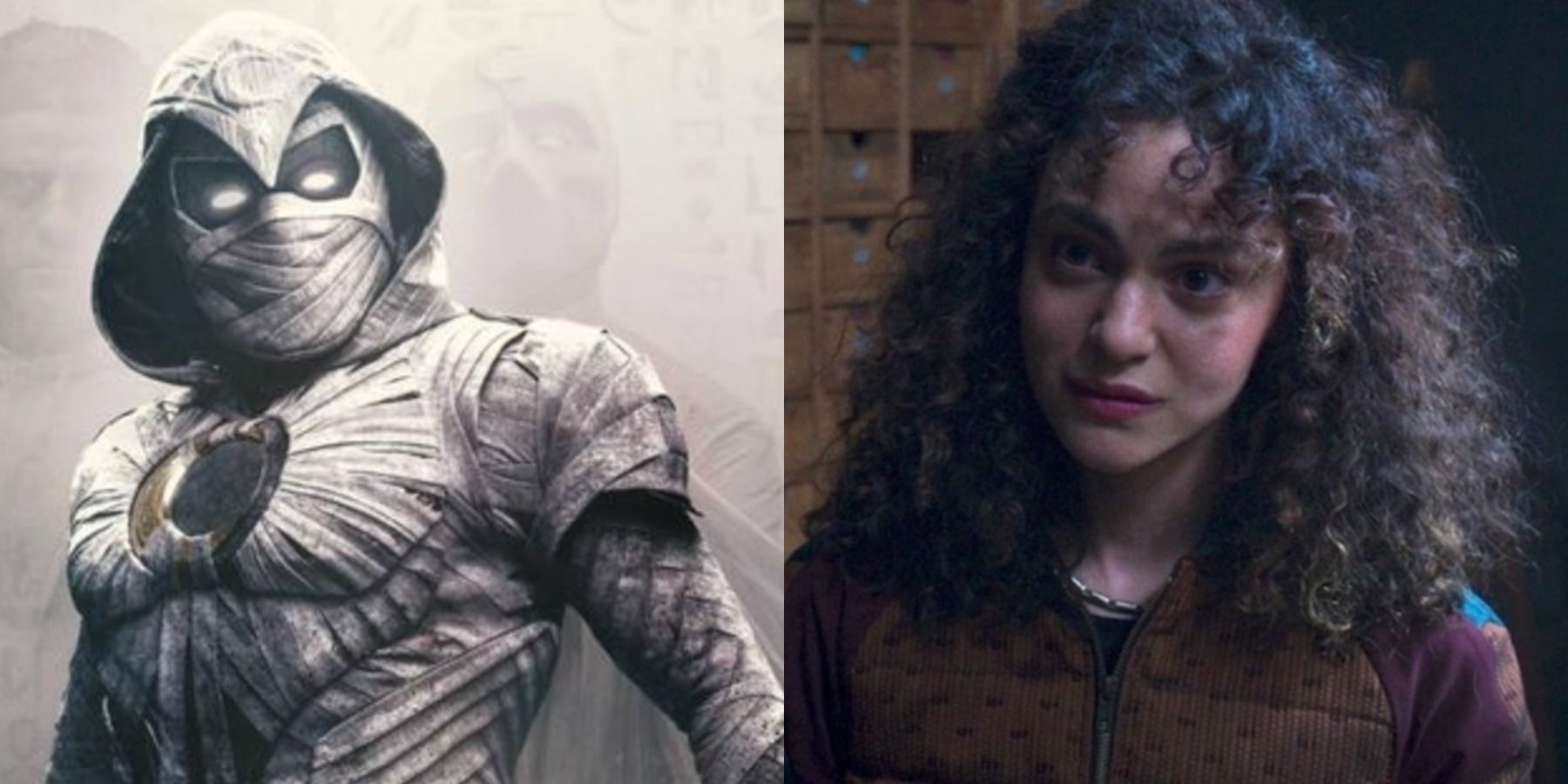 A split image features Moon Knight and Layla El-Faouly in the Disney Plus series