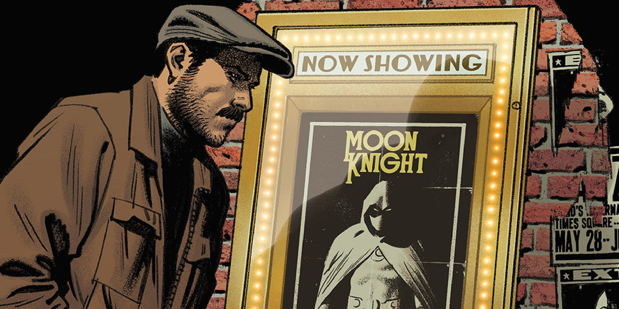 Jake Lockley walking by a Moon Knight poster in the comics