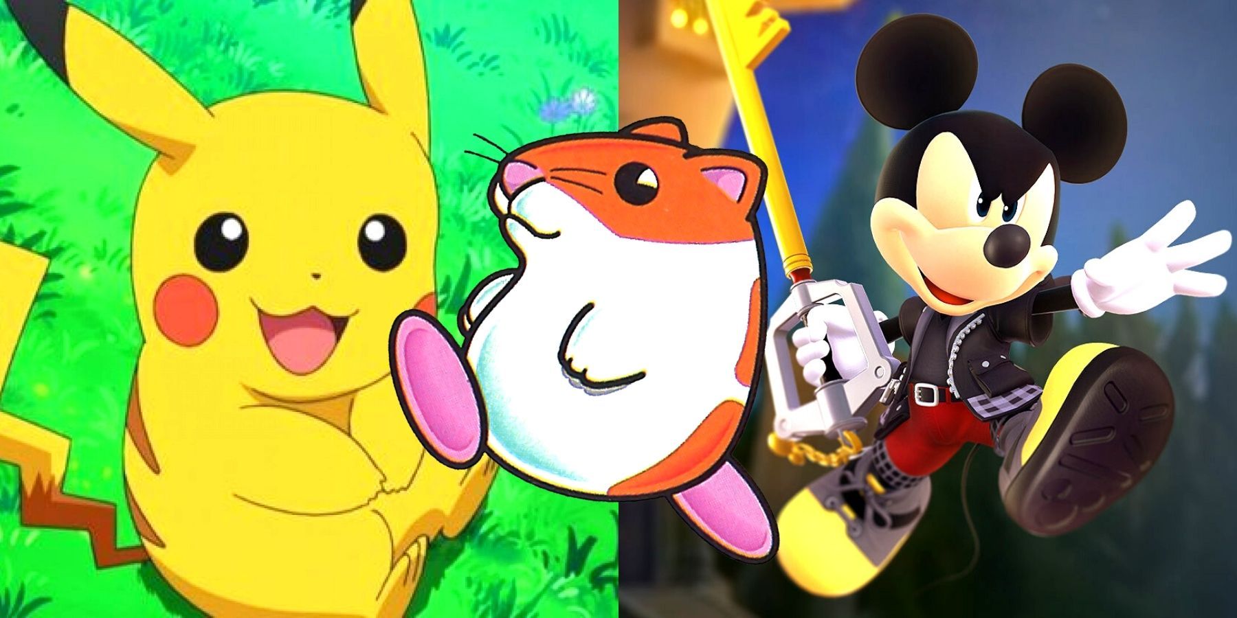 left: pikachu; right: king mickey; center: hamster