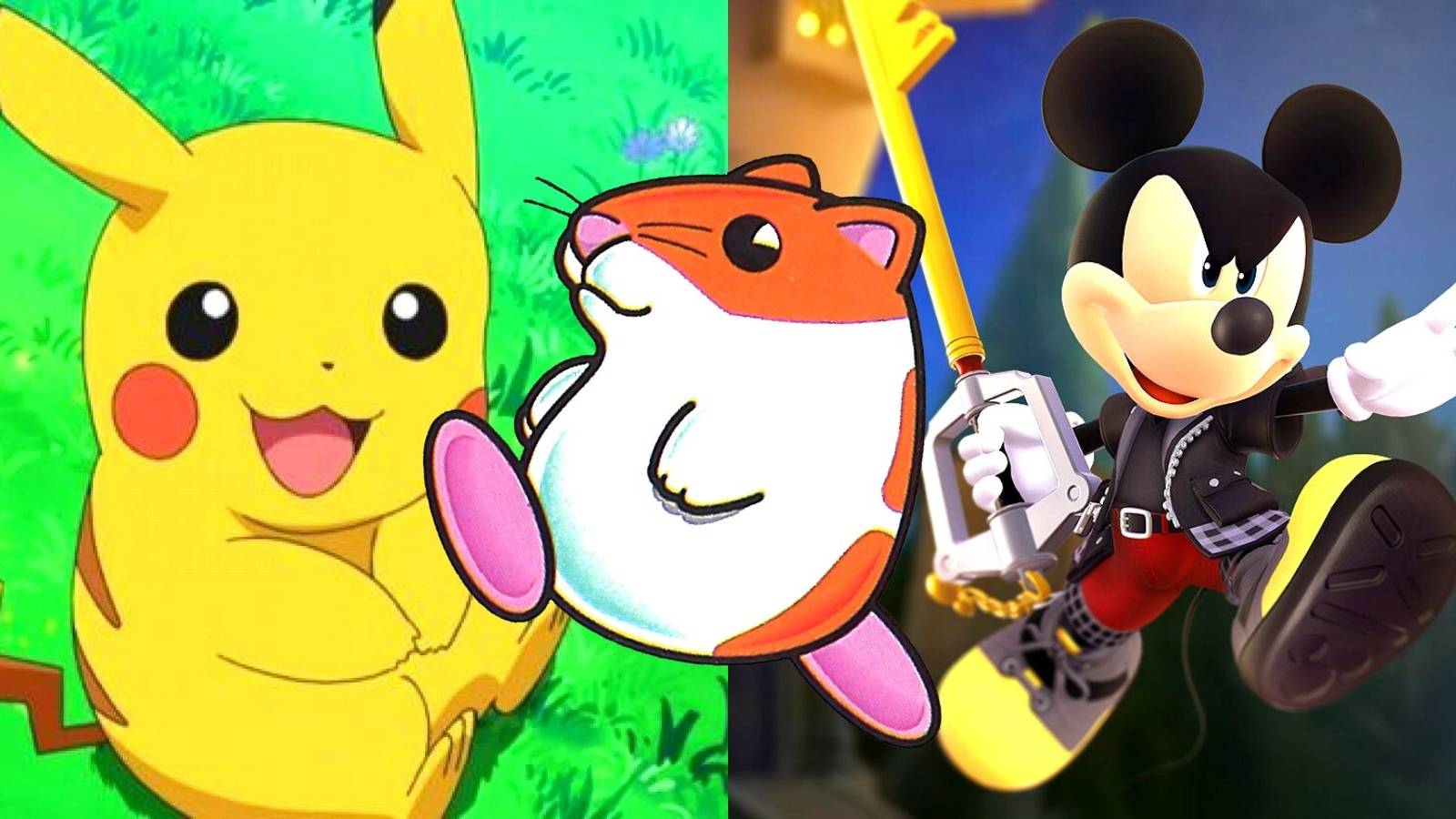 left: pikachu; right: king mickey; center: hamster