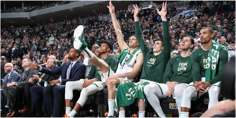 NBA 2K22 Bucks Bench Celebrating A Three Point Basket