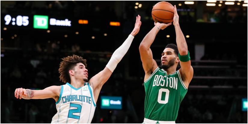 NBA 2K22 Jayson Tatum Getting Off A Post Fade Shot Under Pressure