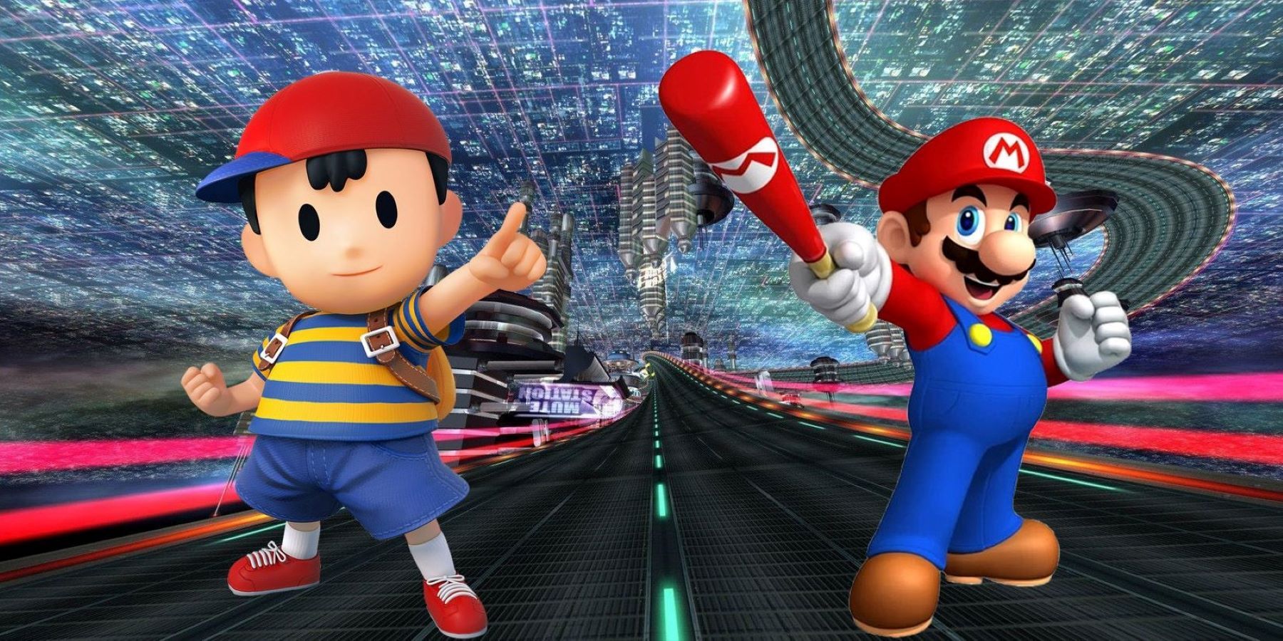 EarthBound's Ness and Super Mario on an F-Zero racetrack
