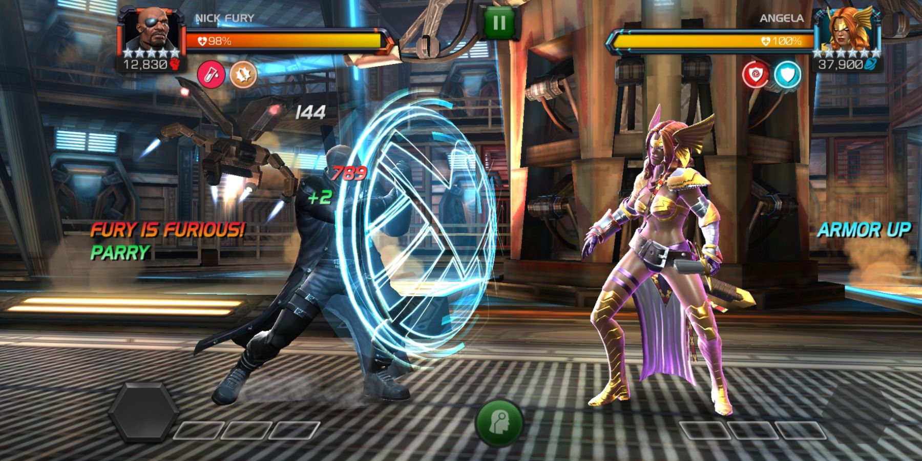 Nick Fury fighting Angela in Marvel Contest of Champions.