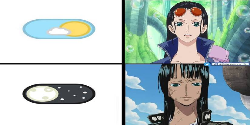 Image of the Day and Night mode meme featuring Nico Robin from One Piece