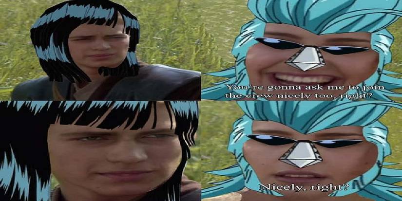 Image of the Star Wars Prequel meme featuring Nico Robin and Franky from One Piece