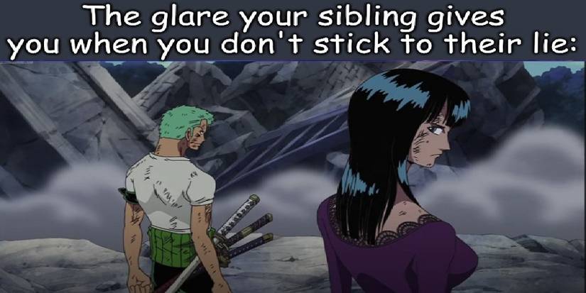 Image of a meme poking fun of One Piece's Nico Robin and her glare