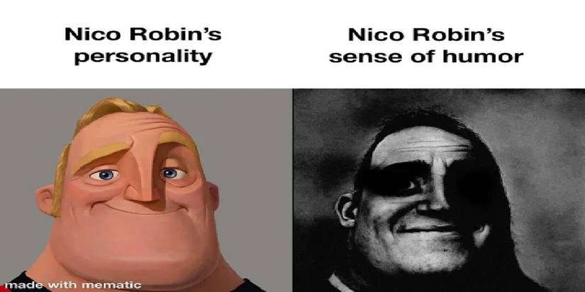 Image of the Mr. Incredible meme on Nico Robin's personality and humor from One Piece