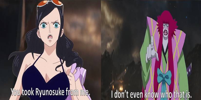 Image of the Avengers Endgame meme featuring Nico Robin and Kanjuro from One Piece