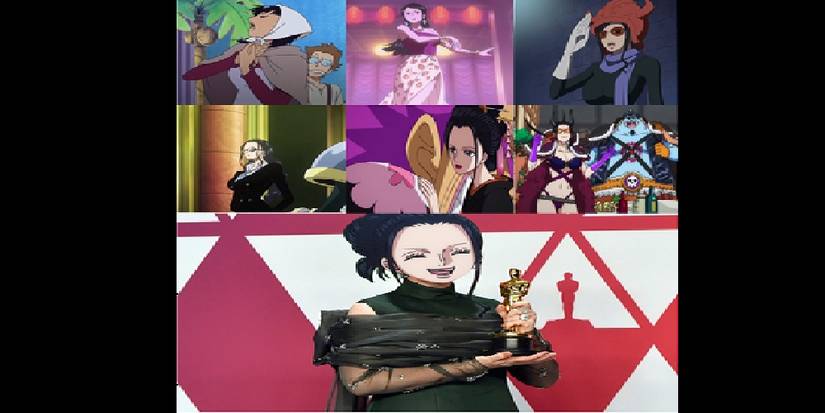 Image of Nico Robin of One Piece winning an Oscar for her various disguises