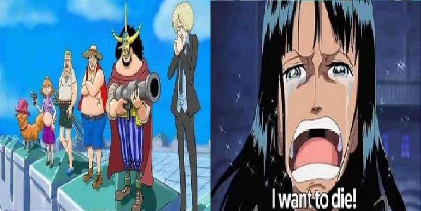 Split image of the Fake Straw Hat Pirates at Enies Lobby and Nico Robin from One Piece reacting to them