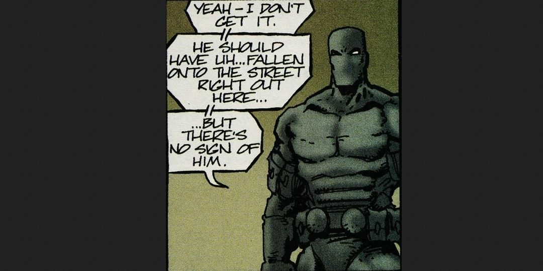 Nobody (right) with the dialogue "Yeah -- I don't get it. He should have uh . . . fallen onto the street right out here . . . but there's no sign of him." Image credit: turtlepedia.fandom.com 