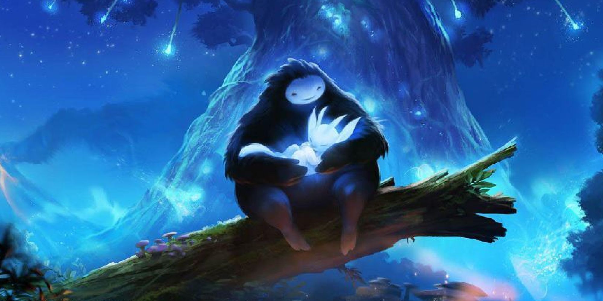 Ori being cradled by Naru in official artwork from Ori and the Blind Forest