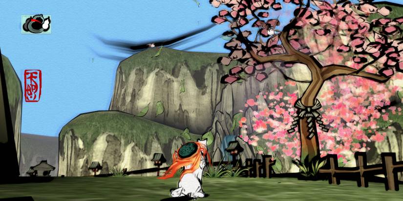 The Sun Goddess Amaterasu (center) in a valley looking at a cherry blossom in bloom (right). Photo credit: DualShockers.com