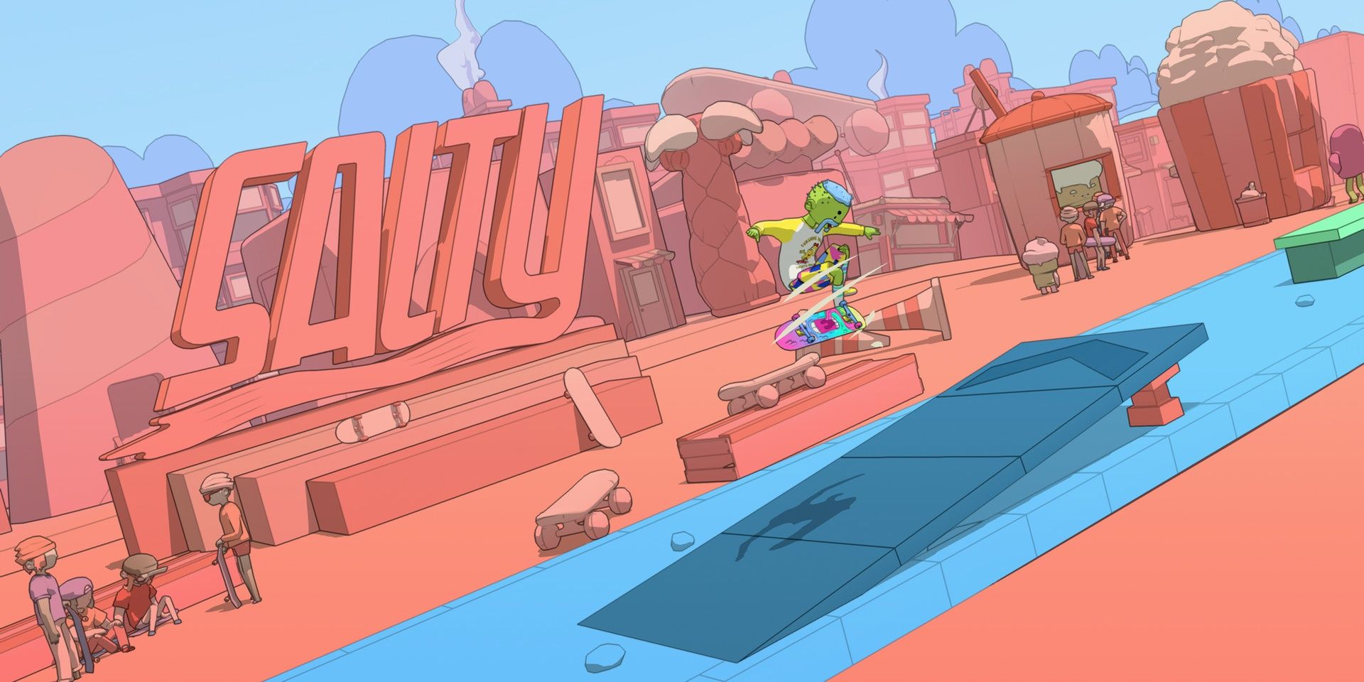 A player doing an ollie over a ramp in OlliOlli World
