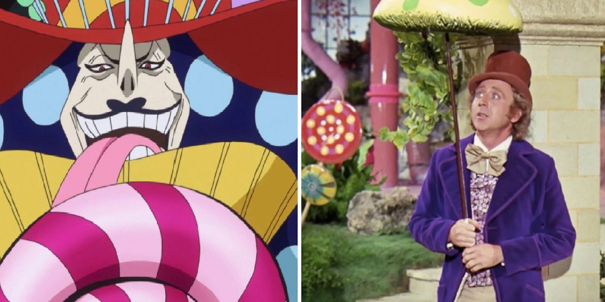 Split image of One Piece's Charlotte Perospero licking a lollipop and Roald Dahl's Willy Wonka holding a cane