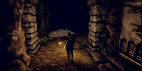 The hero holding a lantern and standing before a pile of bones in Outward