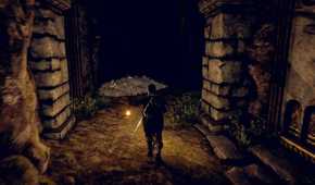 The hero holding a lantern and standing before a pile of bones in Outward