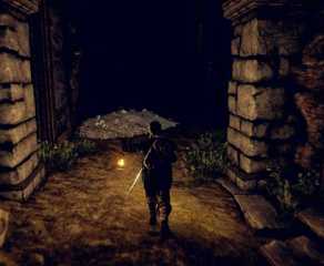 The hero holding a lantern and standing before a pile of bones in Outward