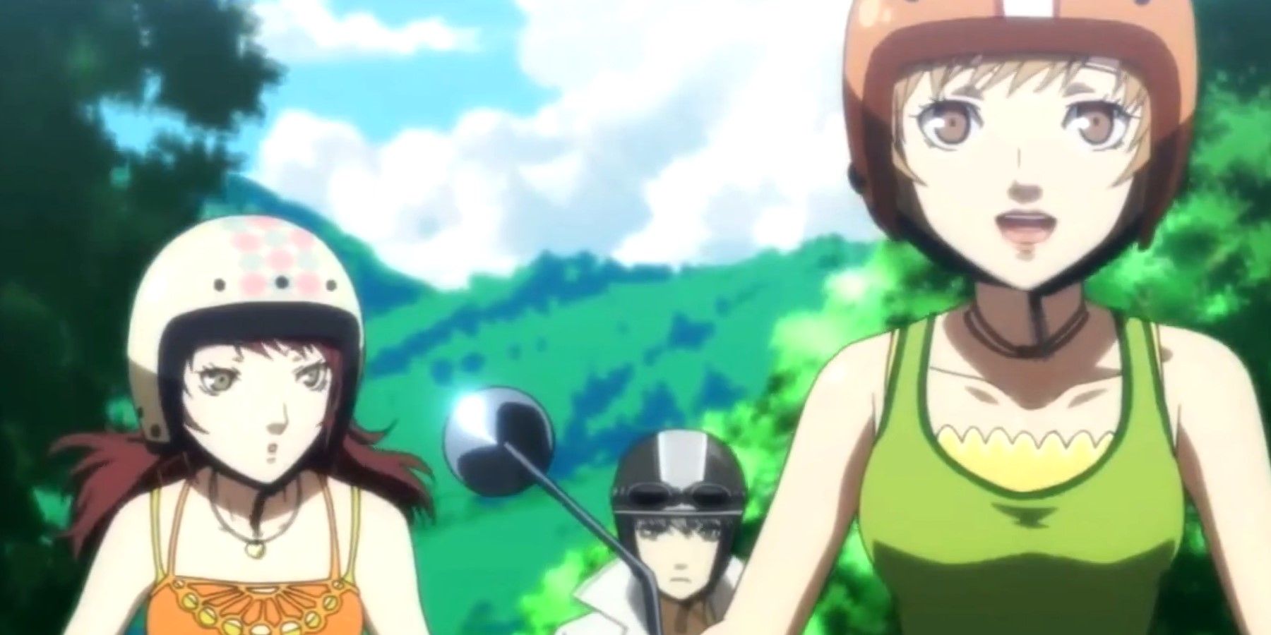 P4G Chie, Rise, and the MC riding with everyone to the beach