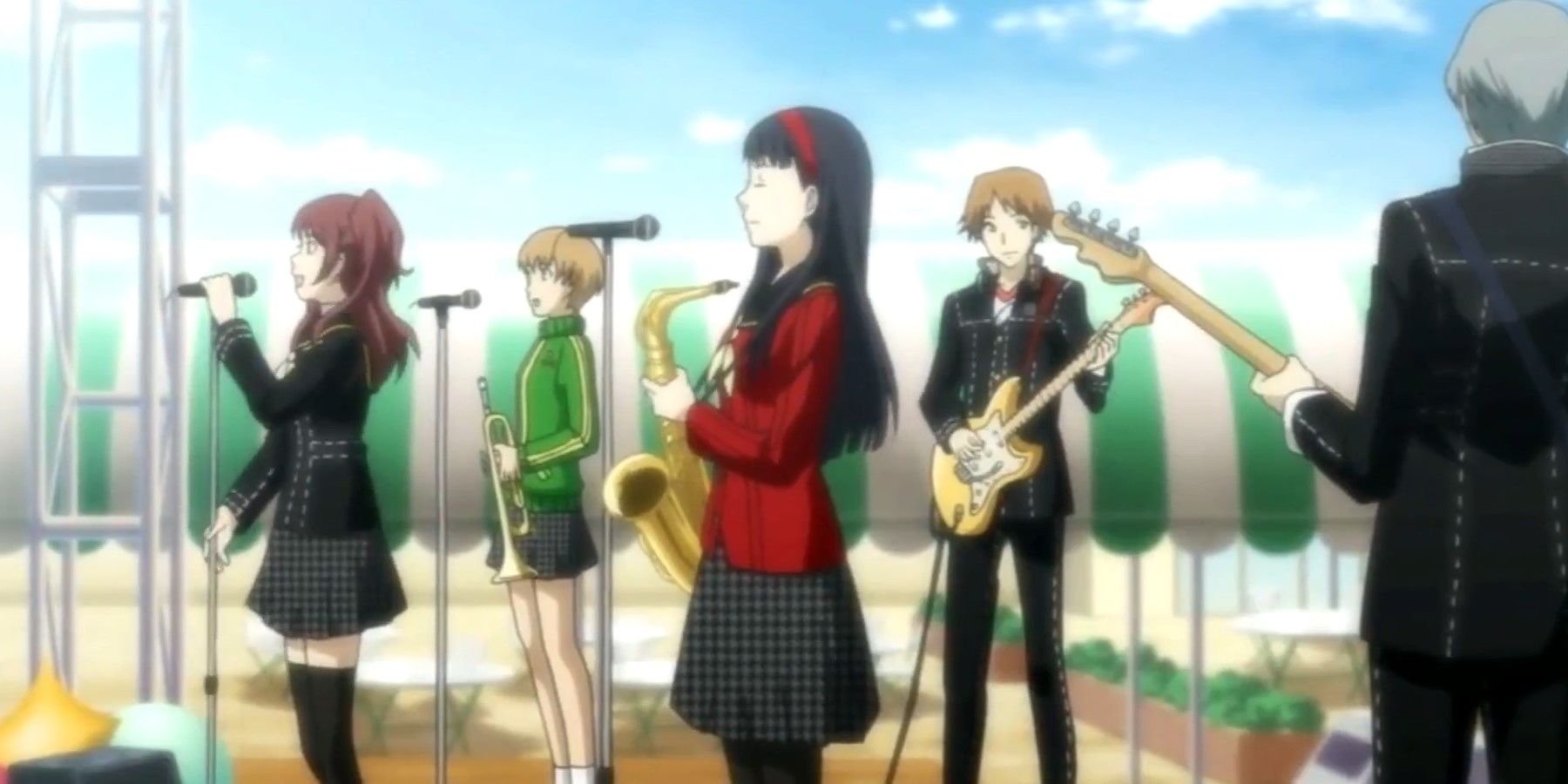 P4G Rise, Chie, Yukiko, Yosuke, and the MC playing in a band