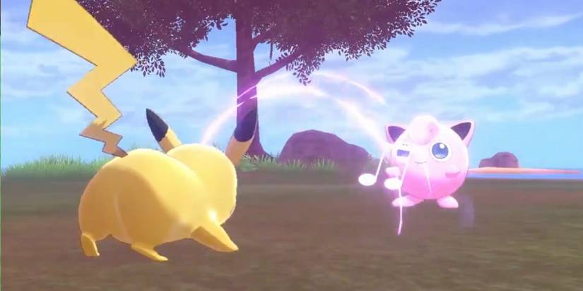 Pikachu being attacked by a wild Jigglypuff using Sing in Pokemon Sword & Shield