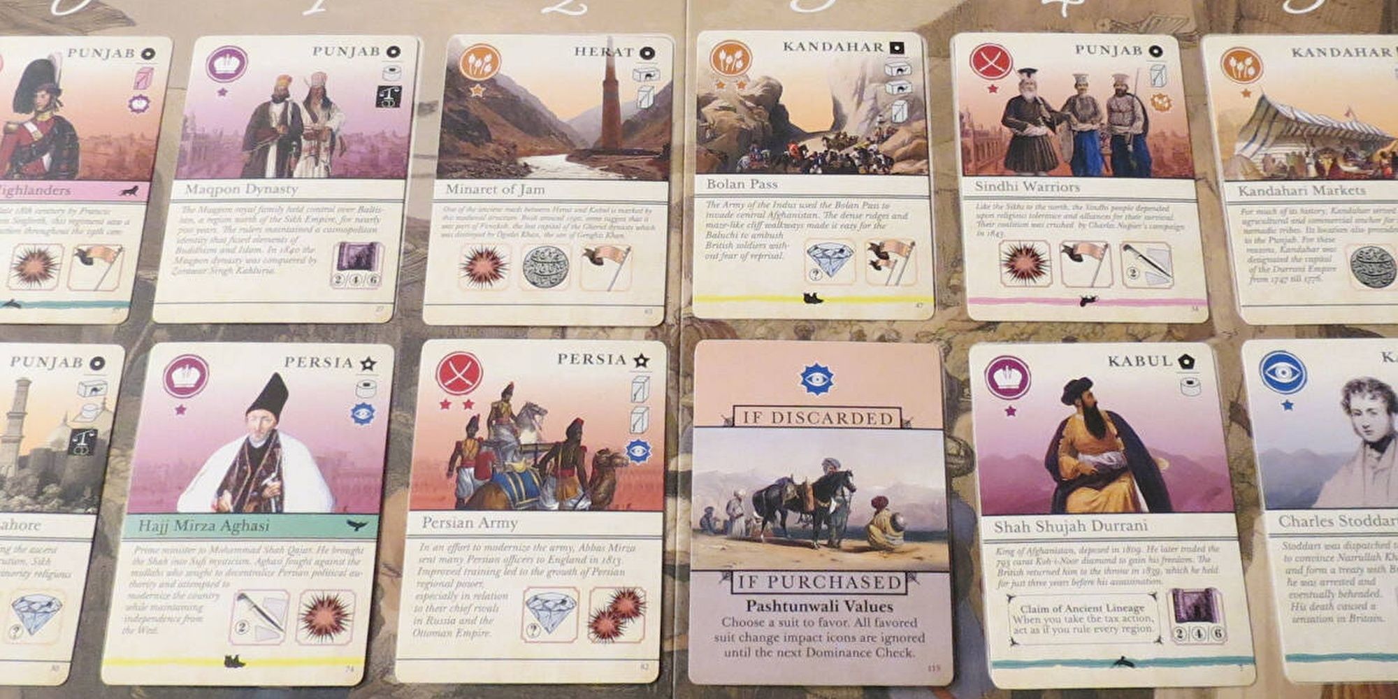 Two rows of cards from Pax Pamir: Second Edition